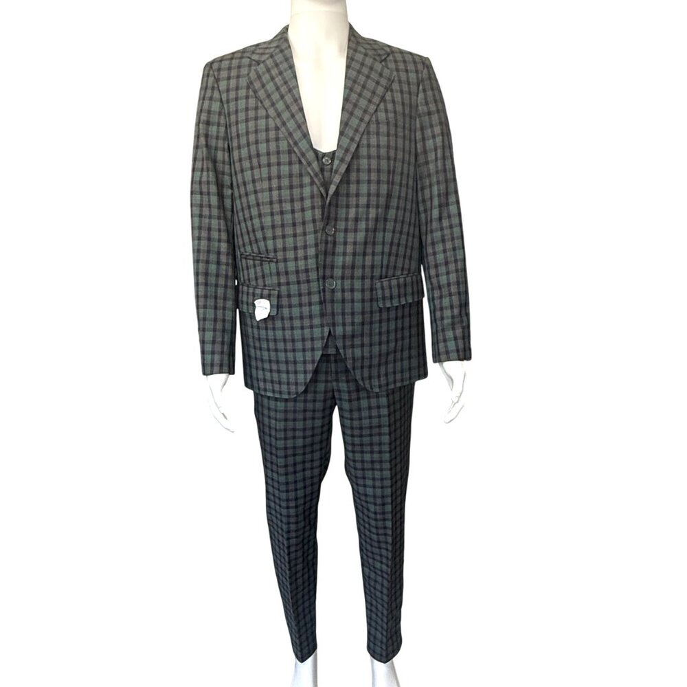 Mander By Karn Suit Mens 42/44 Gray Green Plaid 3 Pc Luxury Tailor